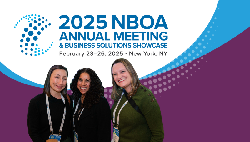 image promoting the 2025 NBOA Annual Meeting & Business Solutions Showcase, featuring a group of three simiing attendees