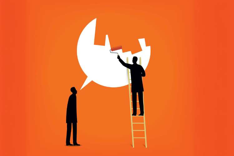 stock illustration of a man painting over another person's speech bubble