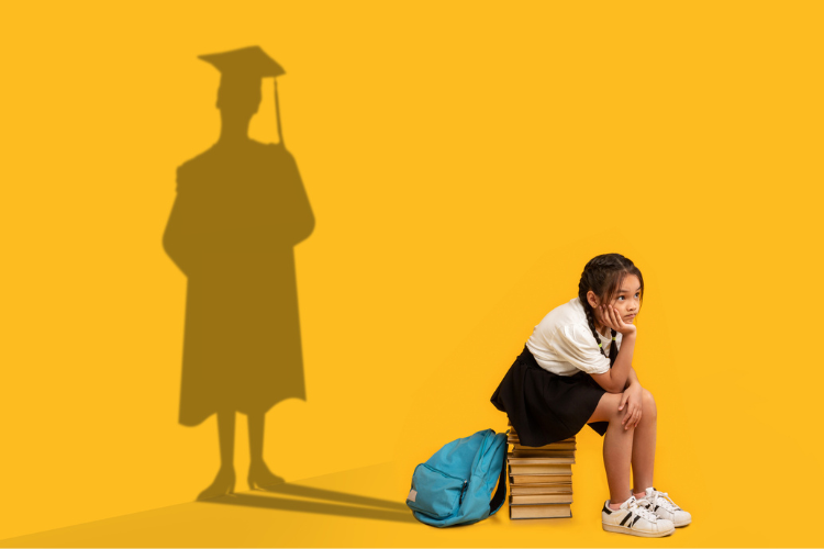 Stock image of schoolgirl sitting on stack of books, shadow of university student on wall