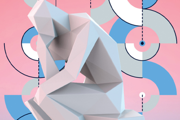 Abstract figure of a person thinking with pink and blue geometric background